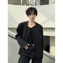 黑色小西装男短款2025春夏宽松假两件双层休闲西服外套潮流单西