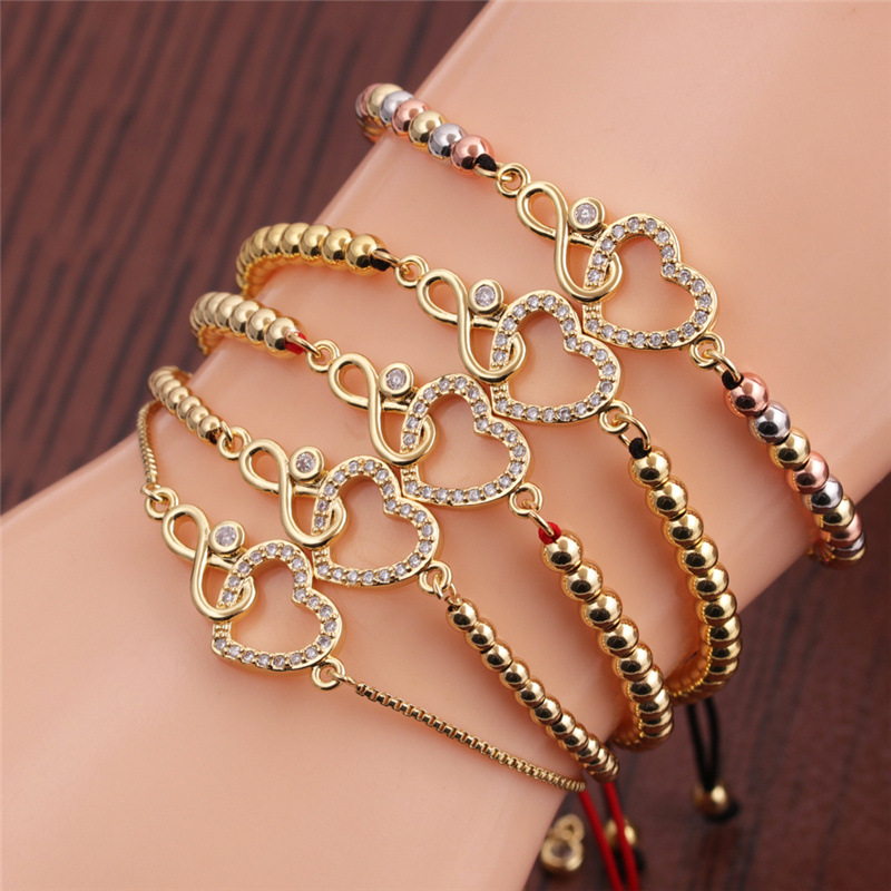 Ethnic style infinity heart shape zircon copper bracelet