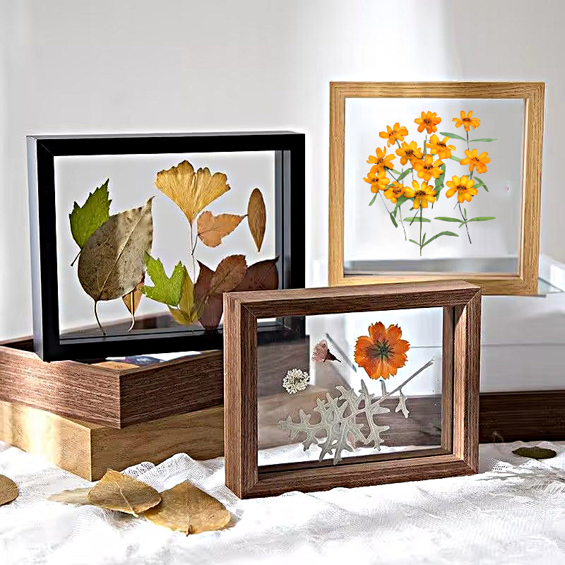 クリエイティブな手作りフォトフレーム、両面ガラスミラーフレーム、木製ドライフラワー二層標本写真木製フォトフレーム、透明額縁