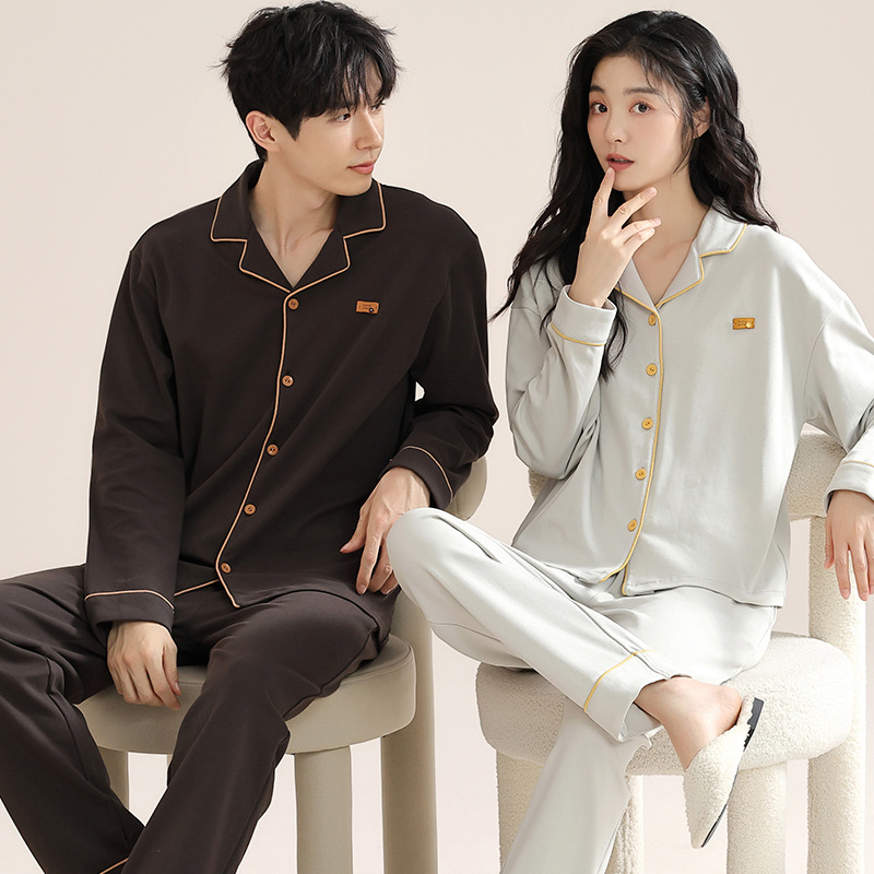 Algodón puro pareja pijamas de las mujeres del otoño nuevo simple chica lycra algodón manga larga vestir prendas exteriores desgaste los hombres traje