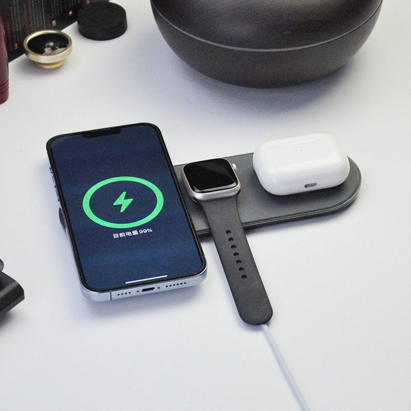 Cargador inalámbrico, cargador bilateral, adecuado para teléfonos móviles Apple Android, auriculares con función inalámbrica, reloj, universal tres en uno