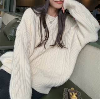 韩系温柔风麻花编织套头毛衣女2024秋冬加厚软糯针织衫女宽松上衣
