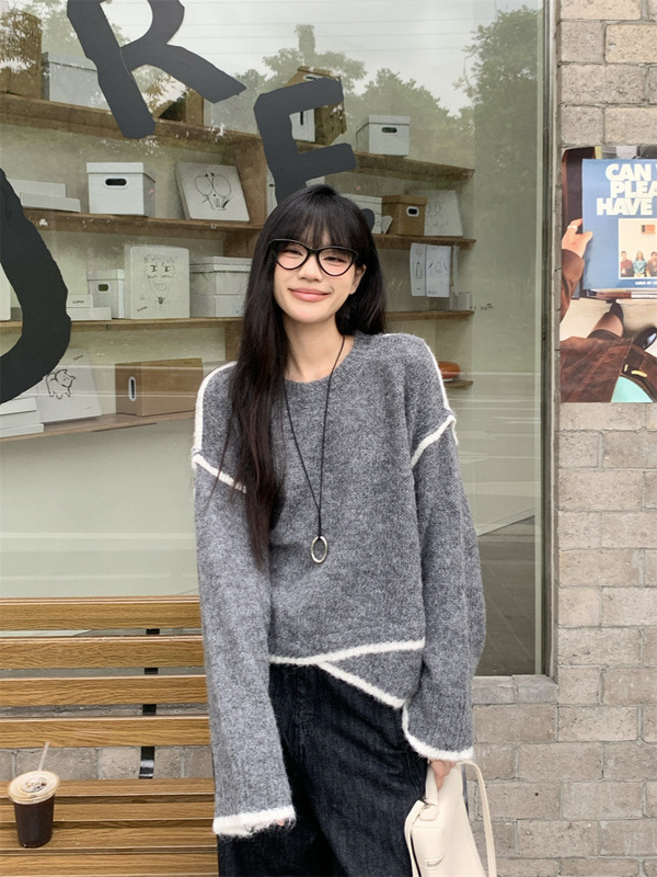 设计感不规则撞色长袖毛衣女春季2025新款小众宽松针织衫休闲上衣|undefined