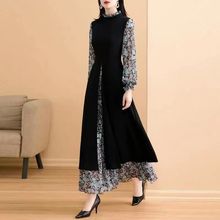 #春秋雪纺连衣裙假两件过膝长裙文艺大码女装胖妹妹碎花A字裙