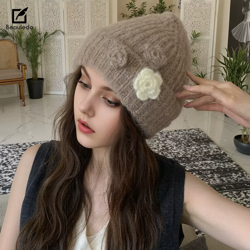 韩版秋冬甜美立体花朵针织包头毛线帽保暖卷边防寒护耳软糯冷帽新