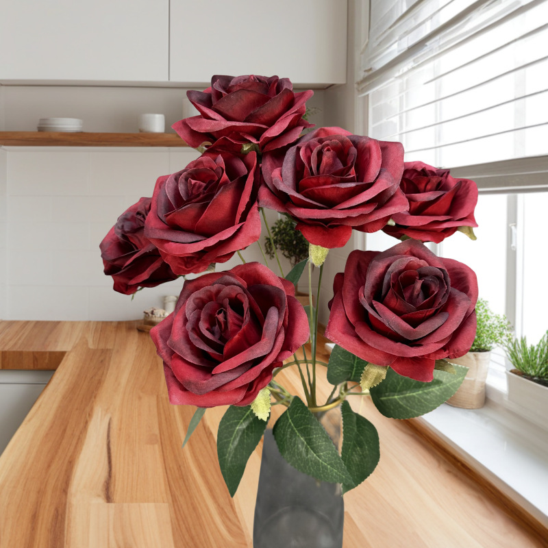 Simulación de 9 grandes ramos de rosas boda decoración del hogar decoración flor de seda transfronteriza hecha a mano adornos de flores falsas al por mayor