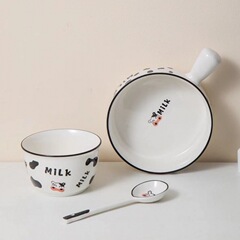 乳牛茶碗カップラーメン取っ手碗スプーン三点セット学生寮家庭用釉薬下彩陶磁器高颜値