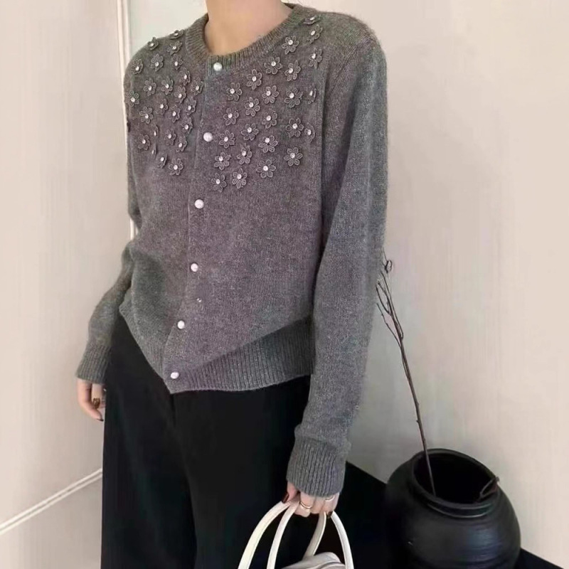 秋冬新款韩系甜美重工立体花朵针织开衫软糯文艺复古风毛衣女外套|undefined