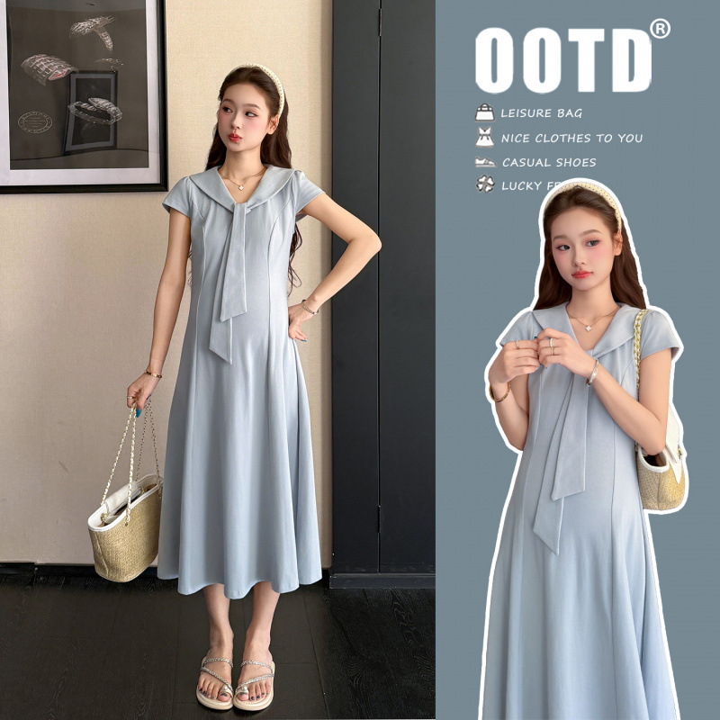 Pregnant Women's College-Style Navy Collar Dress, Summer Ice Silk Waist-Cinching Blue Elegant Long Dress