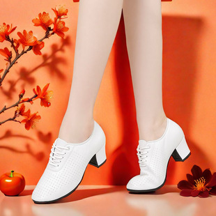 Genuine Leather White Dance Shoes Breathable Modern Dancer Women's Soft Sole Square Dance Shoes Anti-slip Belt Heeled Social Dance Shoes Modern Dance