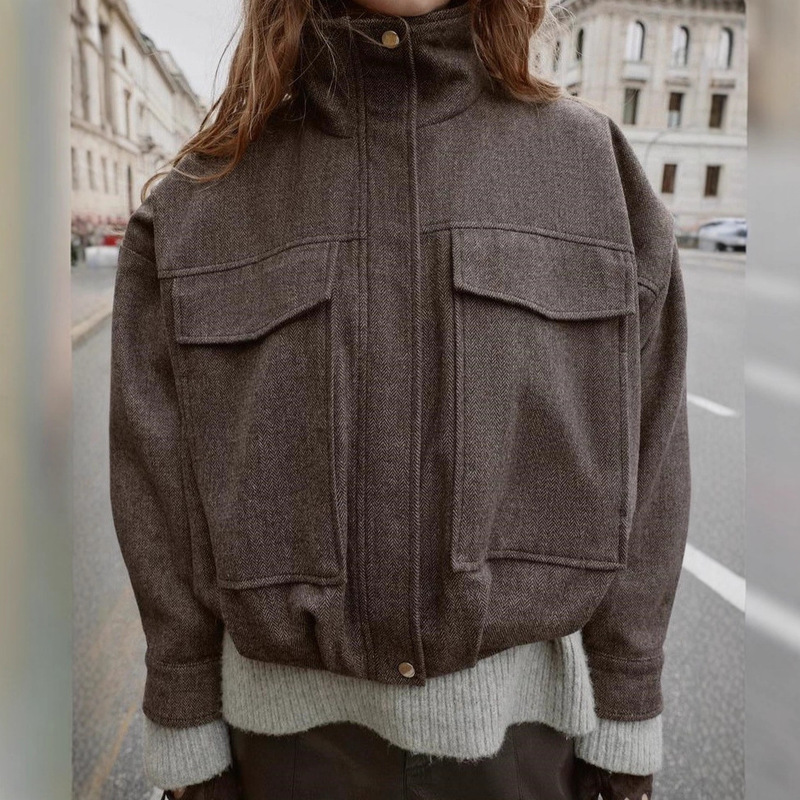 Foreign Trade European and American Style Autumn and Winter New Casual Fashion Long-Sleeved Stand-Up Collar Herringbone Pattern Puffy Bomber Jacket Trendy