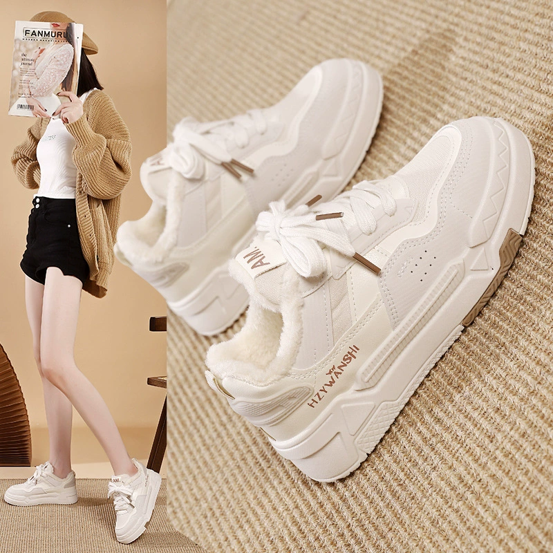 2025 новые зимние женские туфли, универсальные повседневные спортивные хлопковые туфли, модные утепленные белые туфли на флисовой подкладке для женщин ZY1620-1