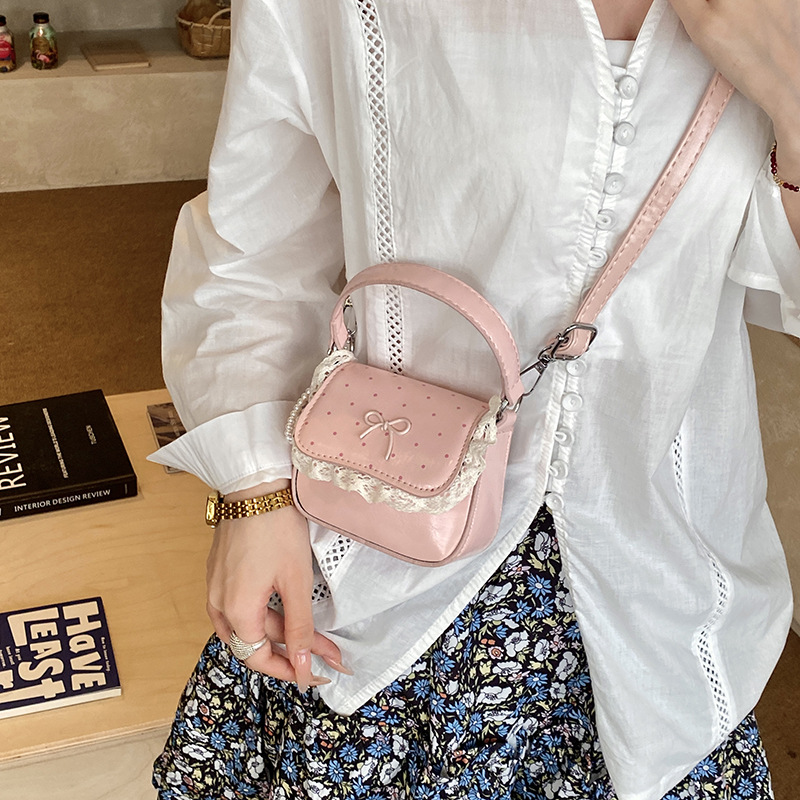 Pequeño bolso de arco de encaje fresco y dulce, mini bolso de hombro de chicas encantador, bolso para niños.