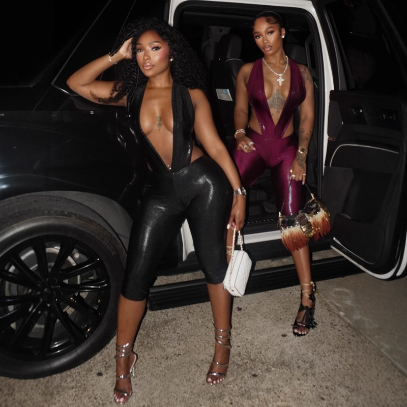 European and American Cross-Border 2025 New Women's Sexy Deep V Ice Silk Halterneck Backless Tight-Fitting Five-Point Pants Two-Piece Set