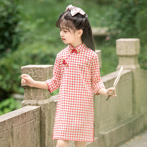 Children's improved mid-sleeve cheongsam Tang suit spring and autumn style Chinese style ethnic girl baby retro literary dress fairy