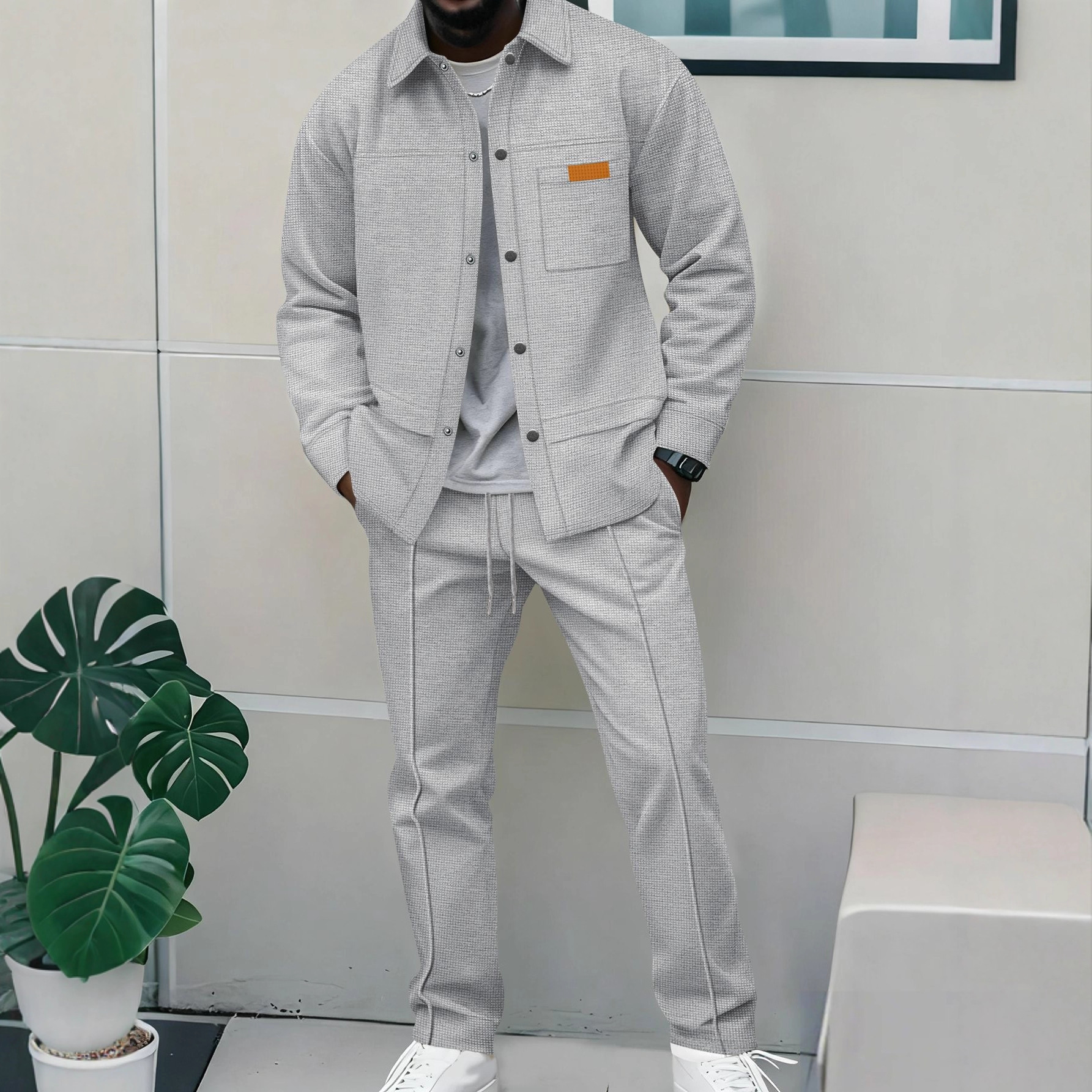 Men's Waffle Pattern Polo Shirt And Trousers Co-ord Set Casual_voghion.com