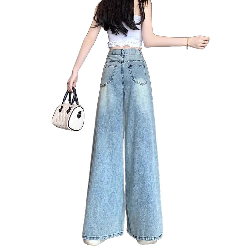 Women's Summer Thin Light Blue Wide Leg Jeans High Waist Slimming Loose Fit Straight Leg Floor Length Pants Plus Size_ecoleips.com