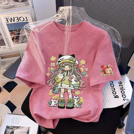 俏妮卡夏季女童T恤韩范儿童卡通仿刺绣打底衫纯棉圆领套头童上衣