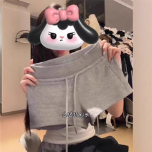 外贸清仓~尾货品牌灰色抽绳运动短裤子女夏修身低腰显瘦包臀热裤
