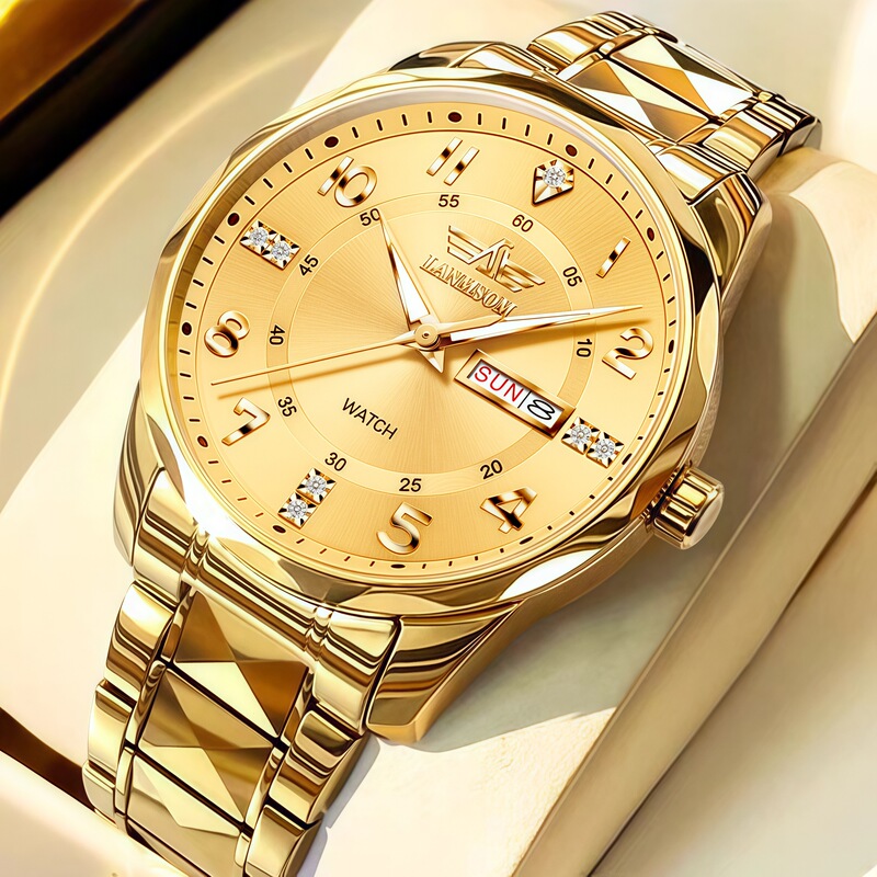 Lanmsom New Genuine Men's Watch Steel Band Diamond-Shaped Strap Calendar Week Waterproof Quartz Men's Watch