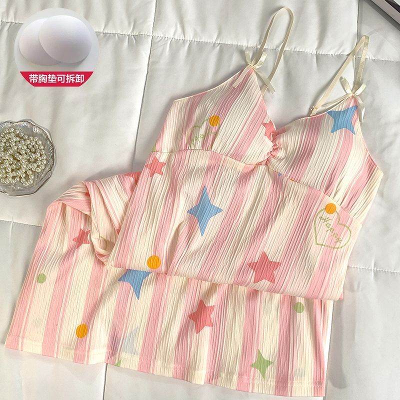Venta al por mayor transfronteriza de tela arrugada de algodón de imitación de verano con almohadilla para el pecho, camisón, camisón, servicio a domicilio, pijamas de mujer, impresión fresca de comercio exterior