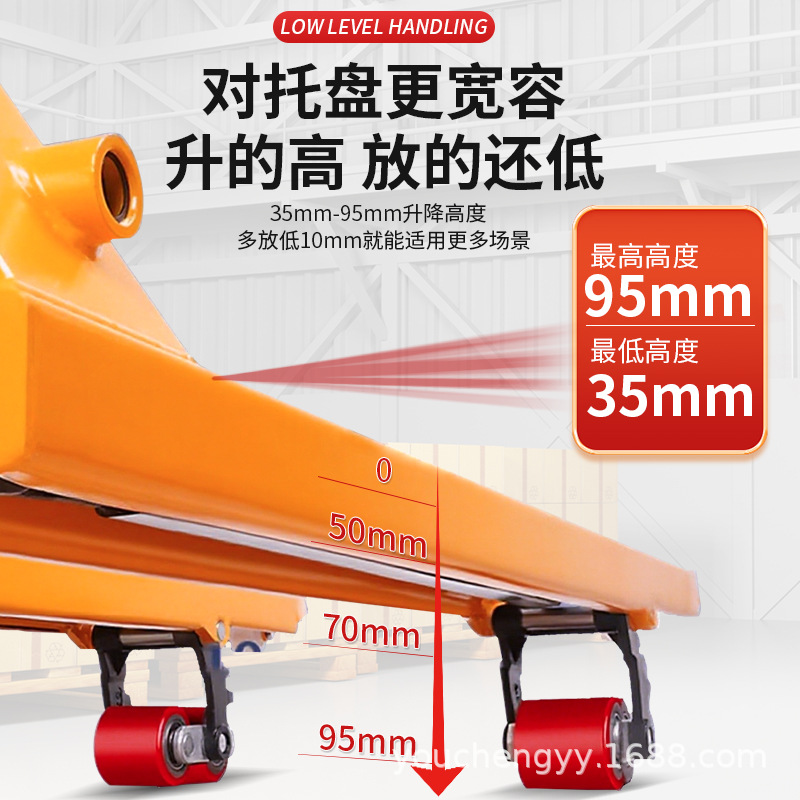 Carrileta elevadora de ganado de piso bajo manejo hidráulico manual 35mm pequeña 51mm elevación manual empujada pallet hidráulico remolque carretilla elevadora