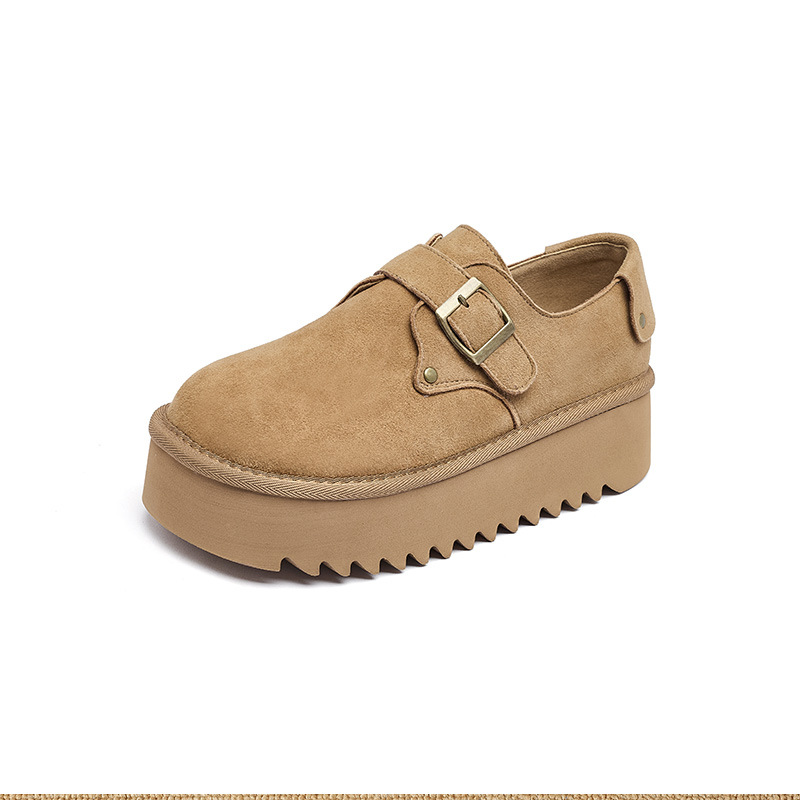 Zapatos de Dengbocken de otoño y invierno para mujeres 2025, nuevos muffins con suela gruesa y suela suave y zapatos de algodón casuales de cuero pequeño