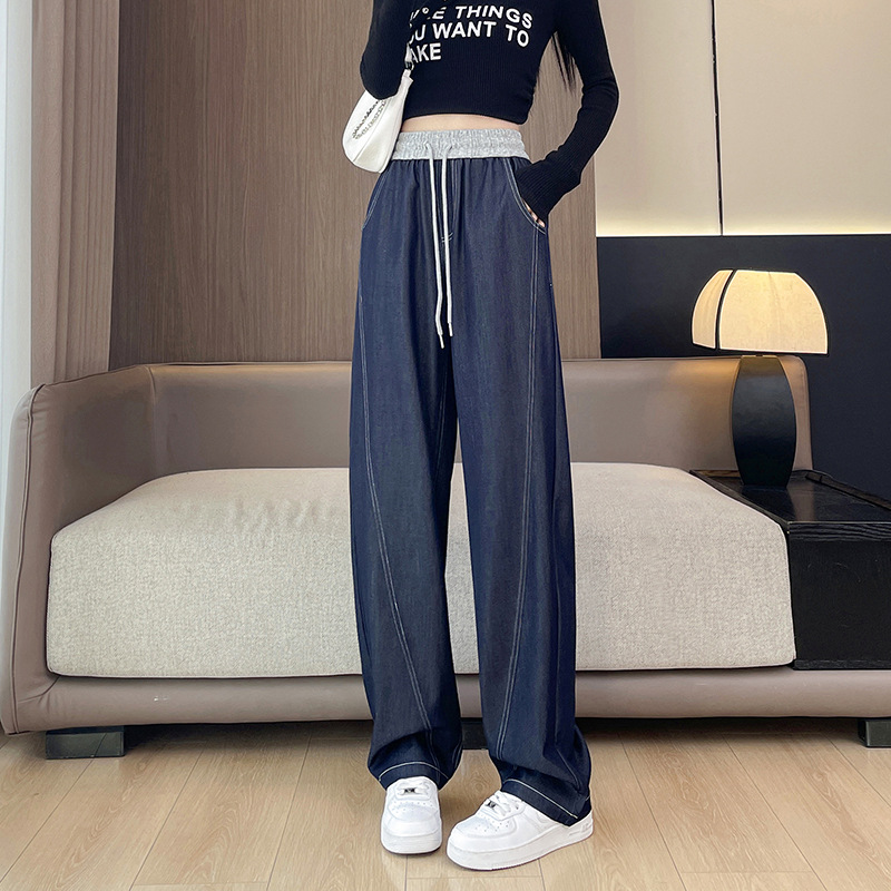 新款软牛仔女士阔腿裤潮牌女装直筒休闲裤子女式宽松松紧高腰裤子