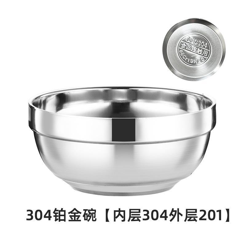 Cuenco de doble capa de acero inoxidable 304, cuenco de arroz grueso para cafetería escolar, cuenco para sopa con aislamiento térmico y anti-escaldaduras, cuenco de platino grabado de calidad alimentaria.