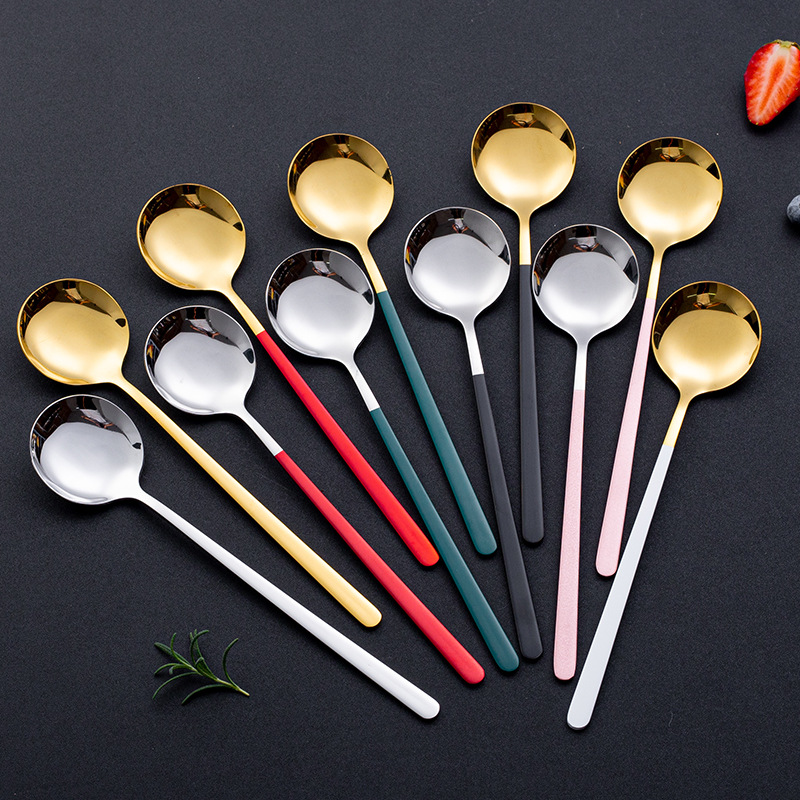 Golden Korean Style 304 Stainless steel Spoon household Spoon Spoon Long handle Stirring spoon children a soup spoon LOGO customized