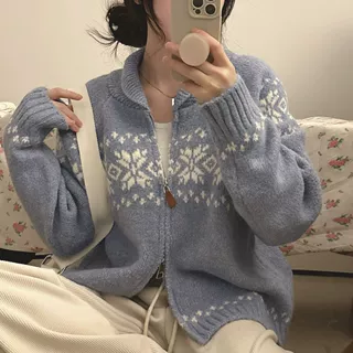 韩国chic秋冬小众复古撞色提花设计宽松百搭长袖针织衫毛衣外套女