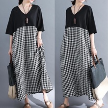 2025夏季新款韩版胖妹妹宽松亚麻格子长裙大码拼接遮肚女装连衣裙