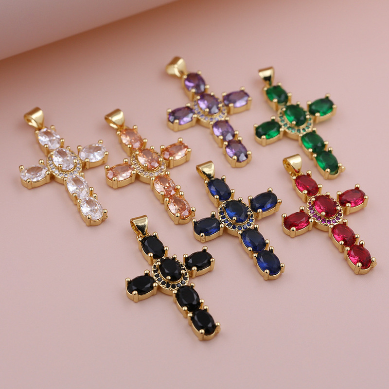 Sugar Cube Colorful Large Cubic Zirconia Color Cross Plated 18K Gold Religious Charm Pendant Necklace Accessories Wholesale