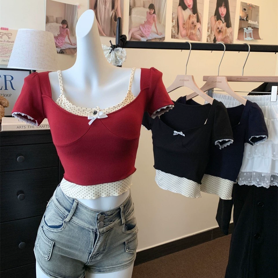 Набор из двух частей из человеческого хлопка французский бм-бк-точка с квадратным воротником с пузырьковым рукавом Сладкая девушка с бантом