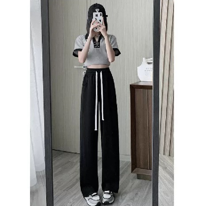 美式阔腿卫裤子女夏季薄款个性休闲抽绳运动休闲遛弯长裤子女|undefined