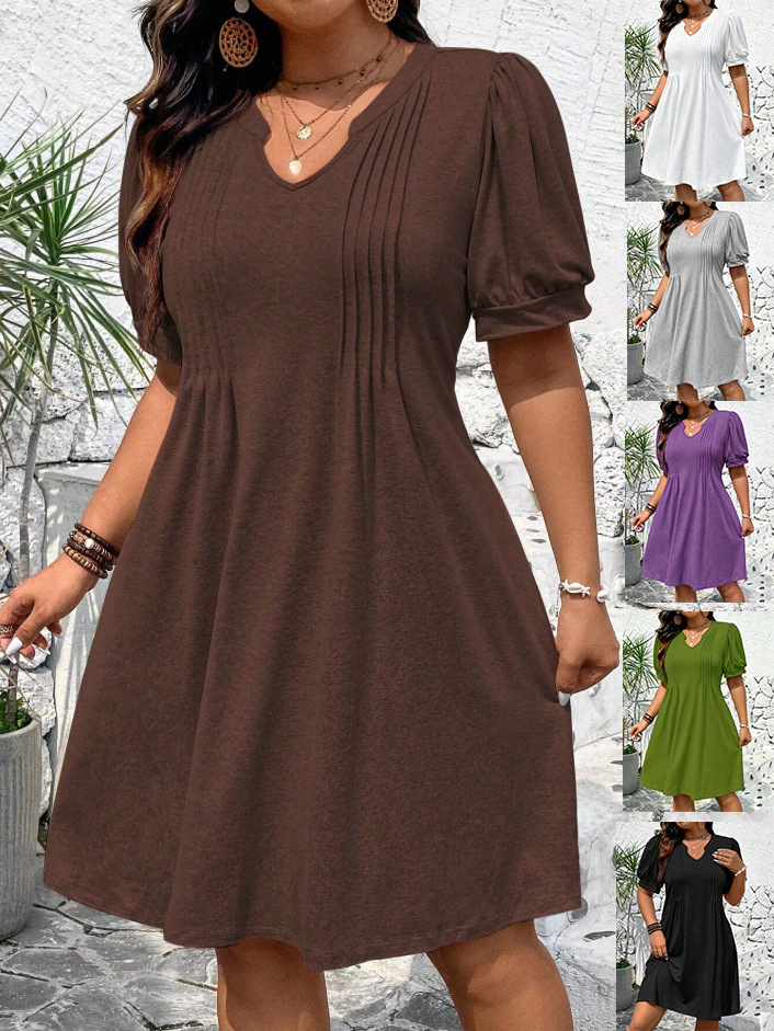 Factory direct supply of plus-size women's summer solid color U-neck puff sleeve pleated waist A-line dress, loose and flattering