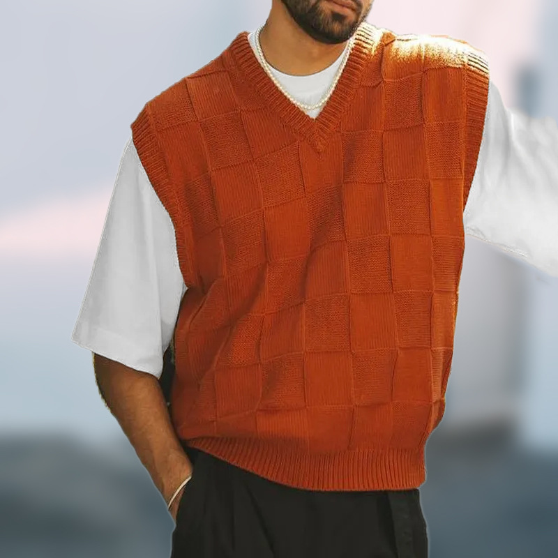 Neue Herren-Strickweste für Frühling/Sommer 2025, ärmellos, V-Ausschnitt, kariert, Street Style_voghion.com