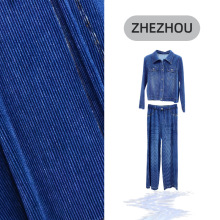 时尚牛仔色褶衣套装女复古宽松新款爆款女装三宅高级感休闲两件套