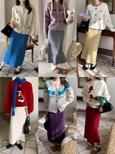 3th Morning Korean Women Layered Multicolor Accent Slim Straight Knit Skirt ZY2531