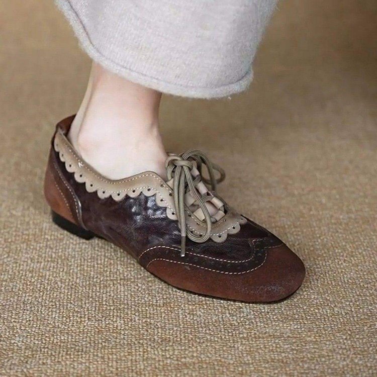 Heqichou Brown Retro Round-Toe Leather Shoes Spring Deep-Cut Lace-Up Low-Top Flat Women's Shoes Versatile Loafers Heqichou Brown Retro Round-Toe Leather Shoes Spring Deep-Cut Lace-Up Low-Top Flat Women's Shoes Versatile Loafers