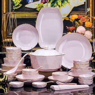Underglaze Color High Temperature Resistant Tableware Simple Full Set of Pink Rice Bowls and Dishes Full Set of High-Looking Bowls and Plates Set