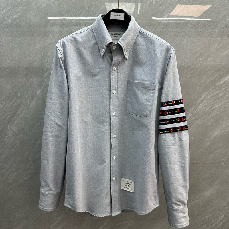 Factory Direct TB Four Bars Rose Embroidered Long Sleeve Shirt Men's and Women's Casual All-match Cardigan Shirt Jacket Factory Direct TB Four Bars Rose Embroidered Long Sleeve Shirt Men's and Women's Casual All-match Cardigan Shirt Jacket