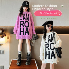 Children's Autumn Clothing Hole-y Sweatshirt Loose Stylish Versatile Little Girl Letter Medium Length Long Sleeve Round Neck Knit Top