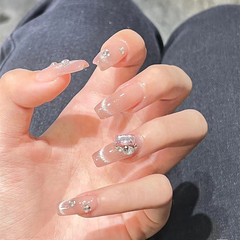B623 jelly honey pomelo trapezoidal long nails piled with diamonds wearable manicure finished patch handmade phototherapy nails one piece drop shipping