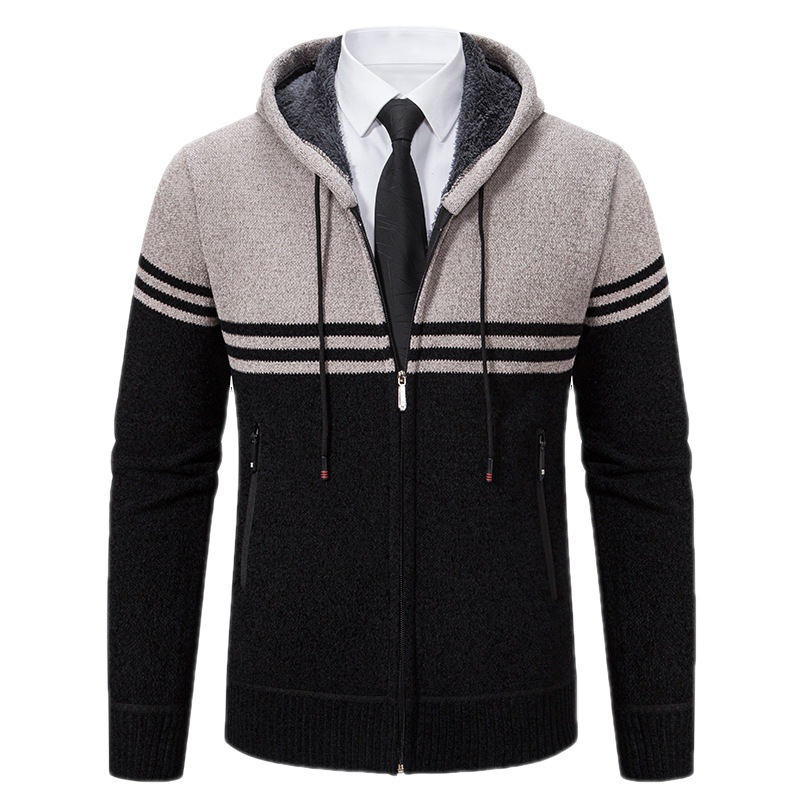 Herren Herbst und Winter neue farblich passende Strickjacke Mode Kapuzenjacke Pullover Herrenjacke_voghion.com