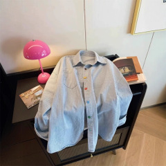 蓝色条纹长袖衬衫女春季上衣2025新款宽松设计感复古撞色外套衬衣