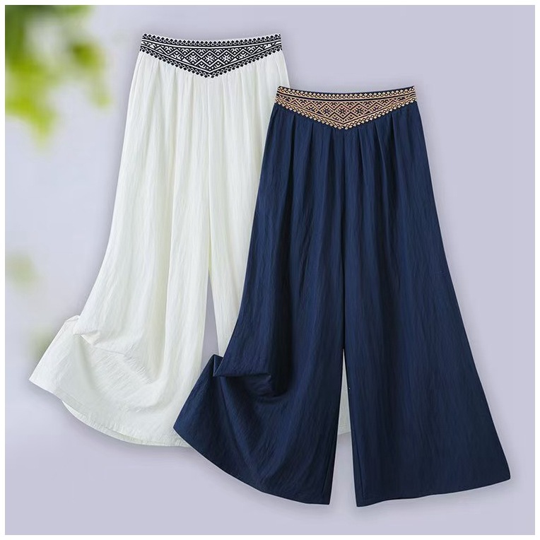 一件代发2025夏季高腰宽松裤女休闲夏季裂纹中式裤子刺绣阔腿裤女