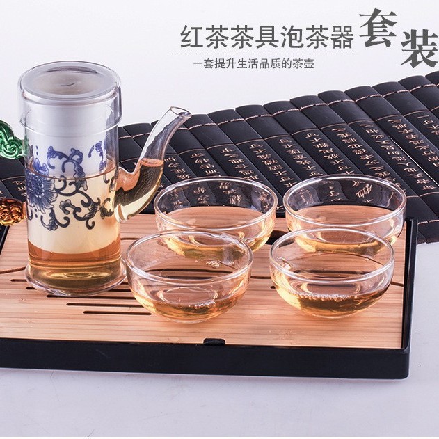 加厚光柯飘逸杯直身玻璃杯红茶茶具泡茶双耳茶壶套装手工轻奢
