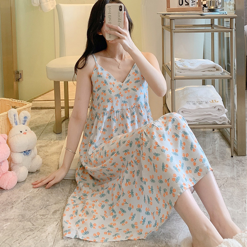 Correa de verano camisón de las mujeres sexy delgada pijamas de seda de algodón artificial desgaste del hogar coreano dulce niña vestido de seda de algodón