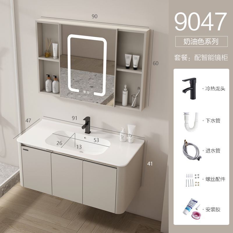 Estilo crema espacio de aluminio baño gabinete hogar lavabo baño integrado de cerámica lavabo gabinete combinación